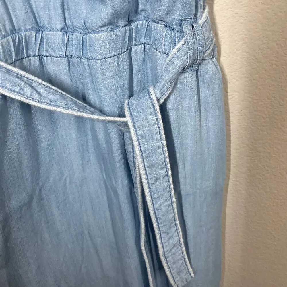 Cloth & Stone XL Surplice Chambray Midi Dress Light Blue Denim Belted Sleeveless - Picture 9 of 9
